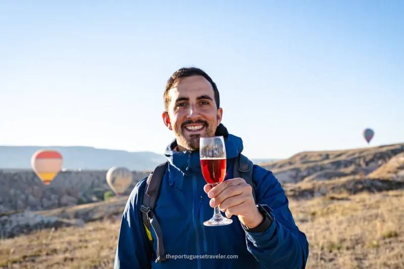 Champagne toast at the end of the hot air balloon tour in Cappadocia
