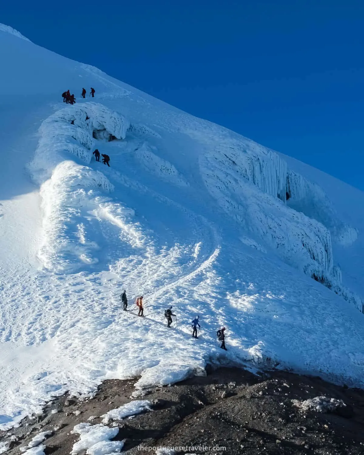 Climbers on the snow and ice slope of Cotopaxi near the edge of the glacier