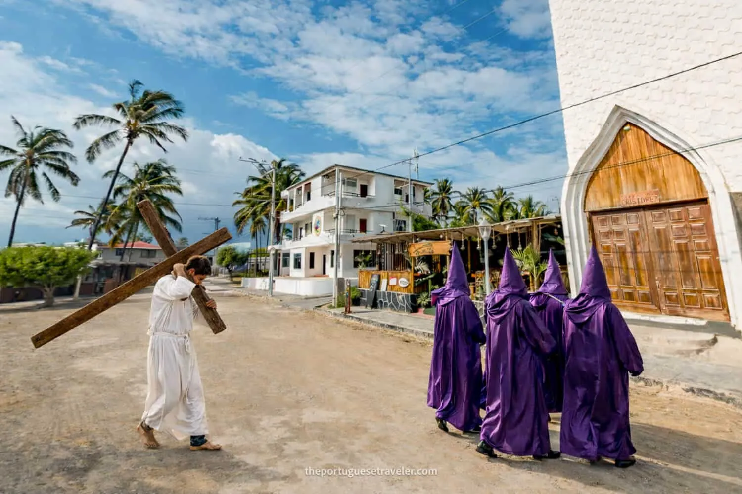 AI-generated illustration of a procession with cucuruchos and a man carrying a cross