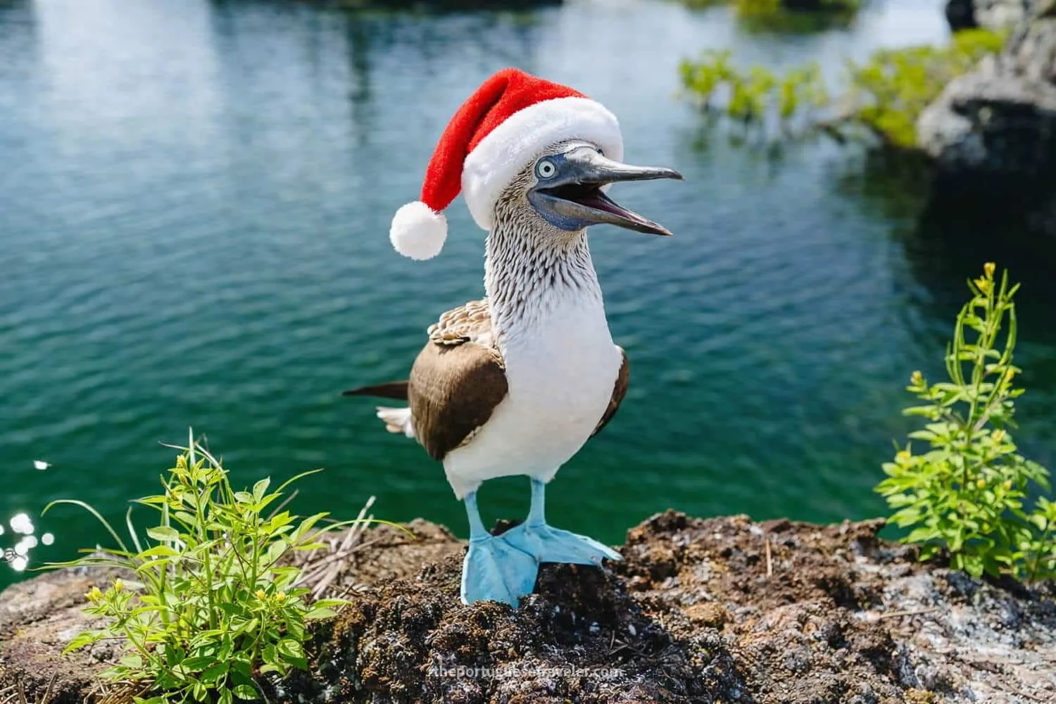 AI-edited version of my photo of a blue-footed booby wearing a Santa hat