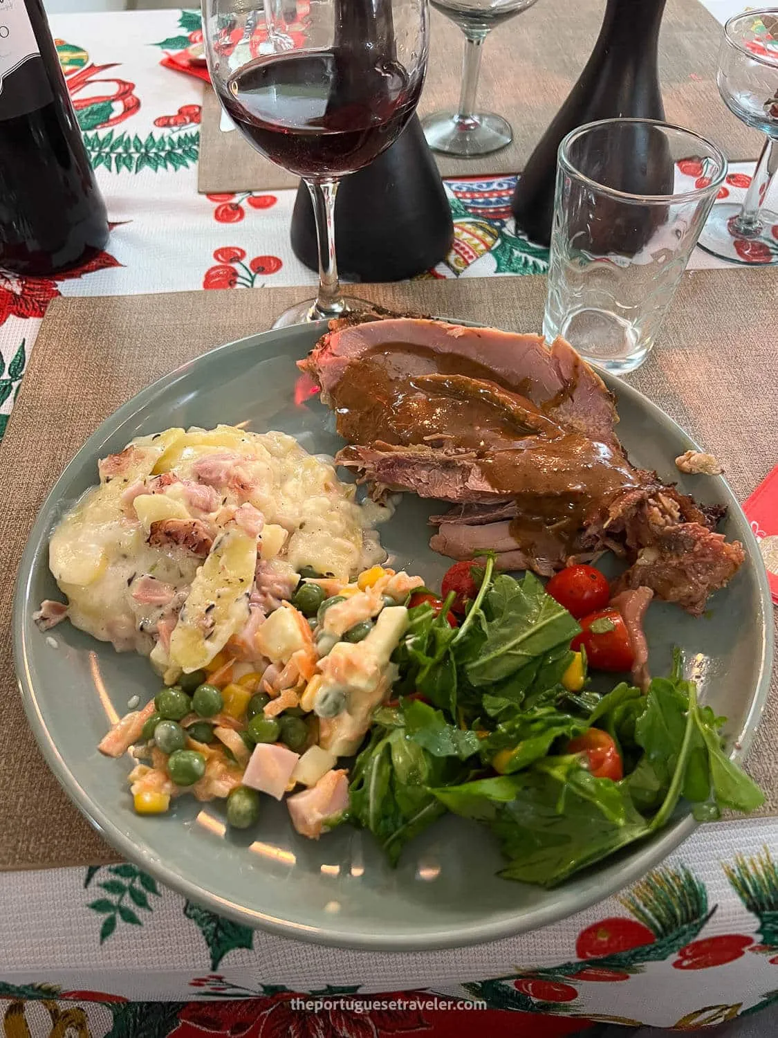 A Christmas plate with roast turkey and potato salad
