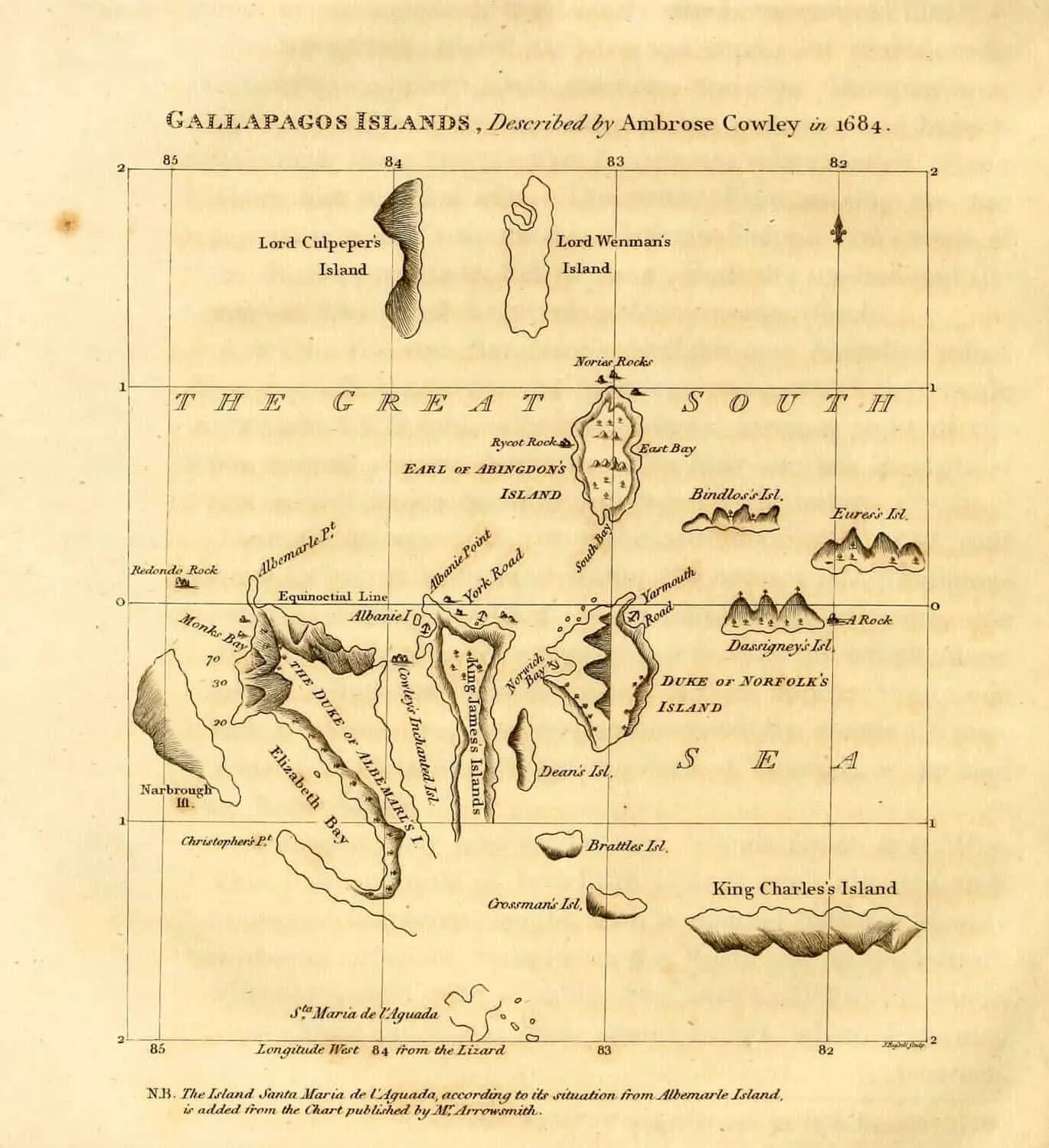 The chart of the Galapagos published by the English pirate William Ambrosia Cowley in 1684 - Galapagos Islands Myths