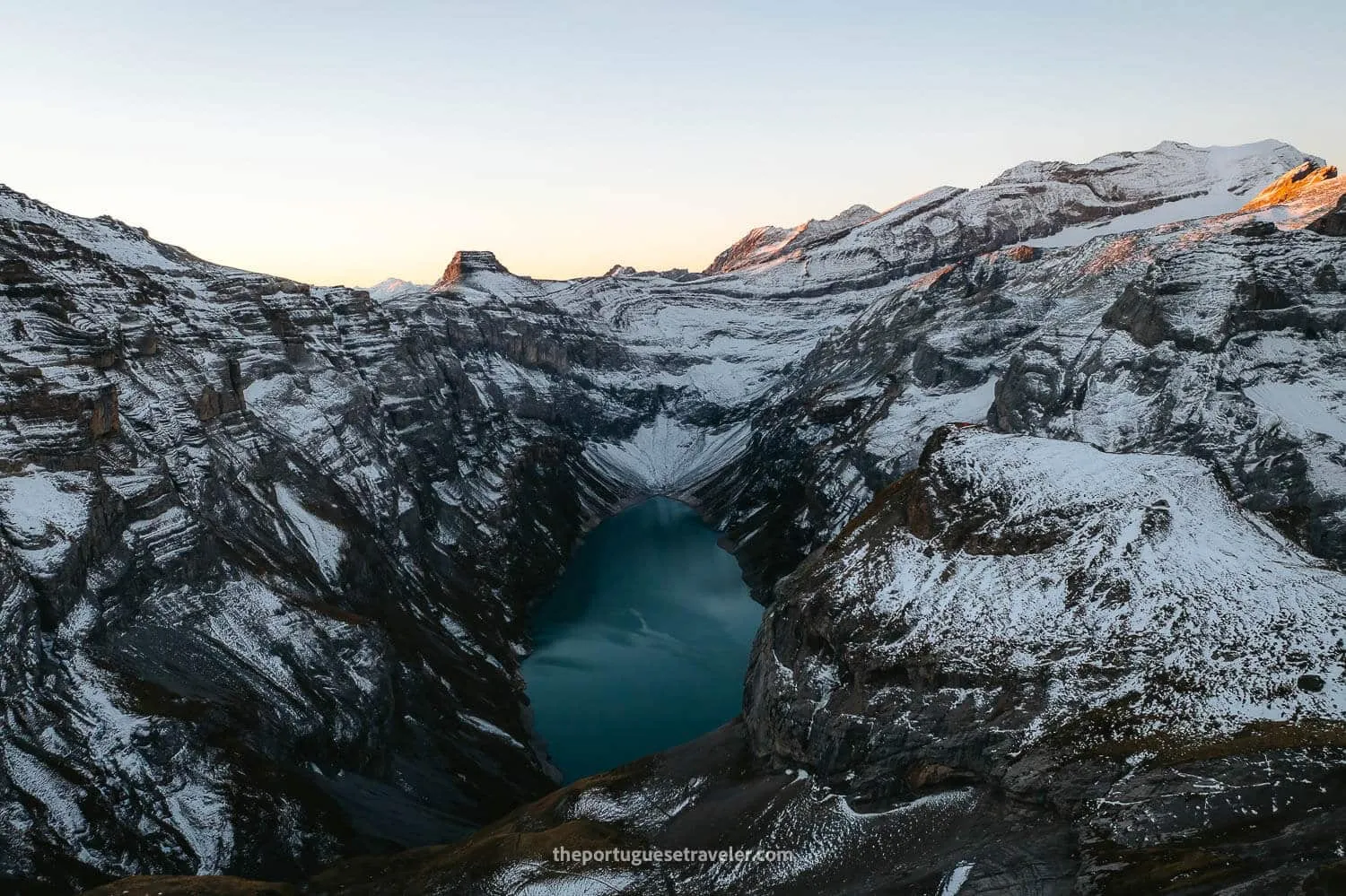 The Limmernsee Lake at Sunrise with Snow