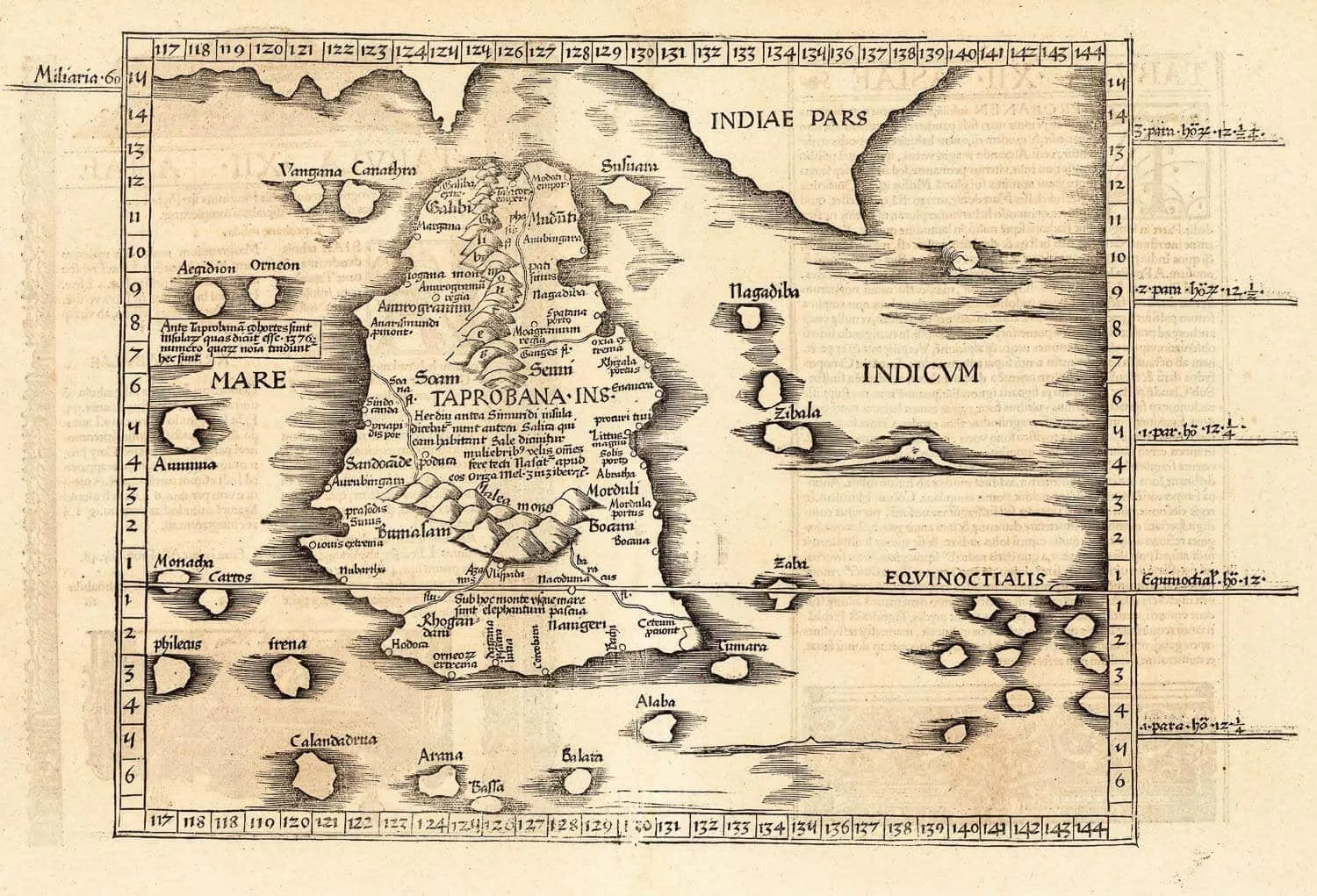 Ptolemy's Taprobana as published in Cosmographia Claudii Ptolomaei Alexandrini, 1535