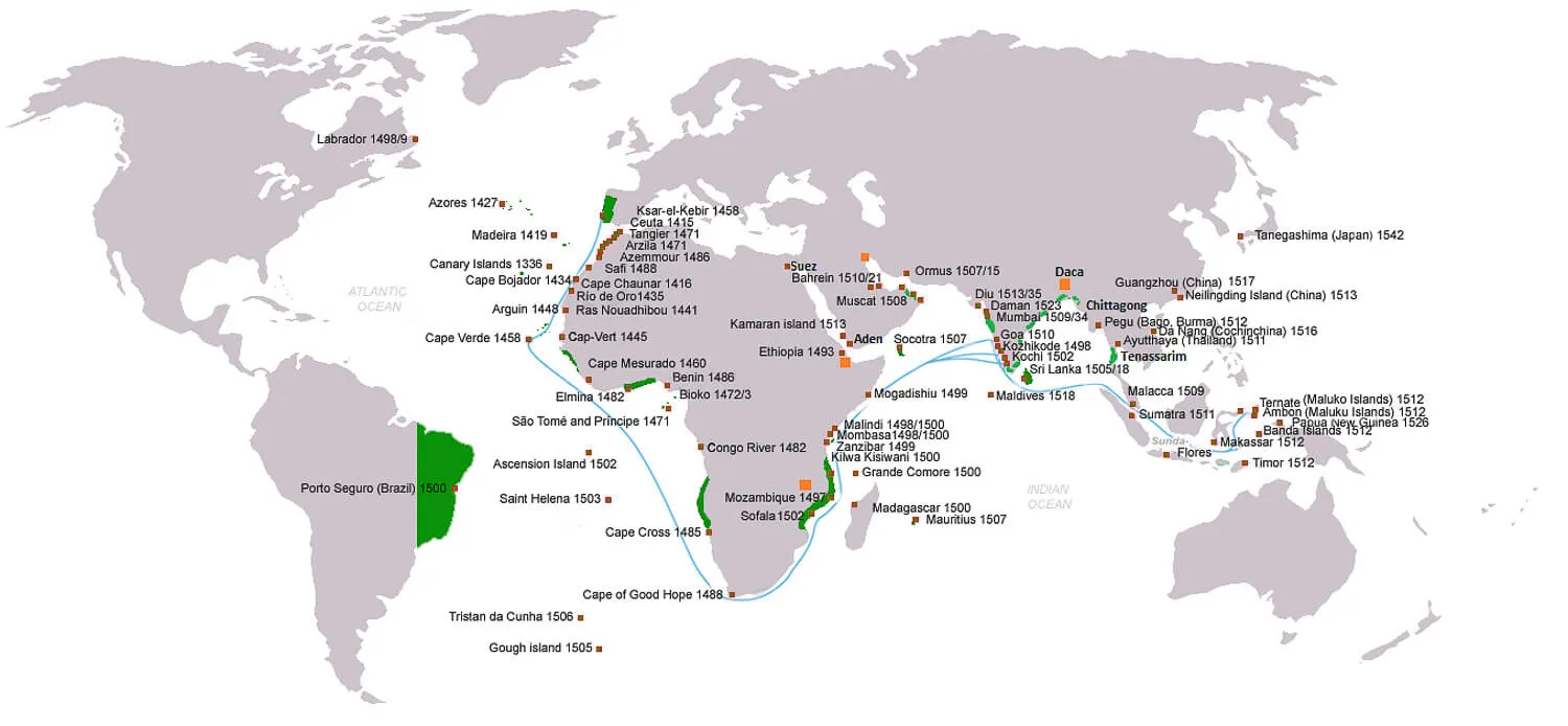 Portuguese discoveries and explorations: first arrival places and dates; main Portuguese spice trade routes in the Indian Ocean (blue); territories of the Portuguese empire under King John III rule (1521–1557) (green)