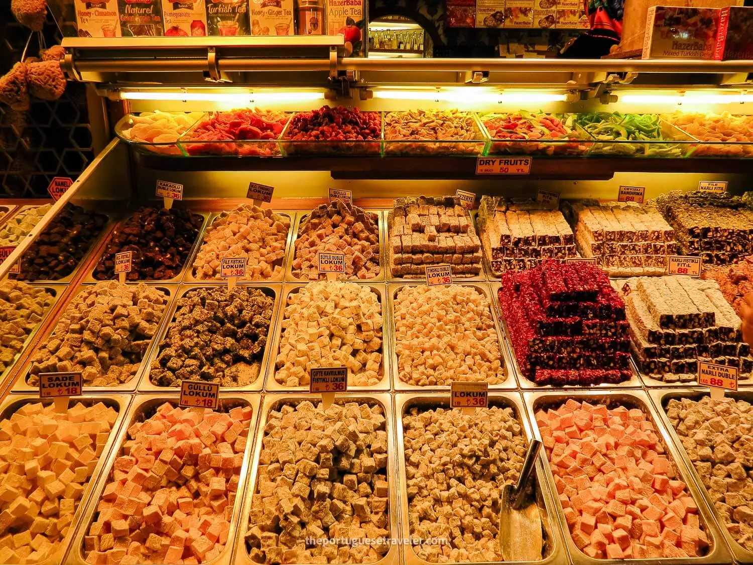 Trays of lokum (Turkish delight) and dried fruit at the Spice Bazar in Istanbul