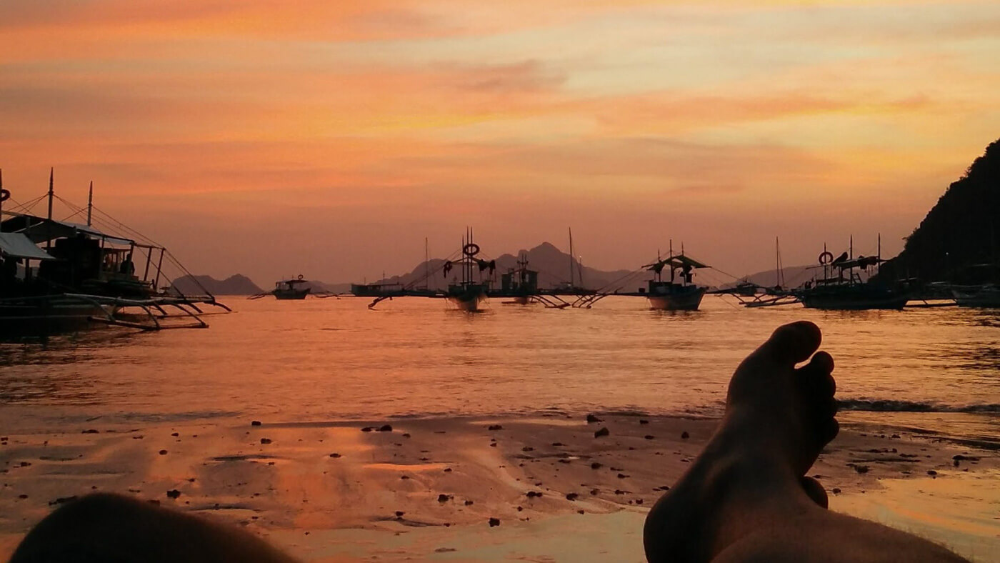 Sunset with Traditional Banka Boats in El Nido, Philippines