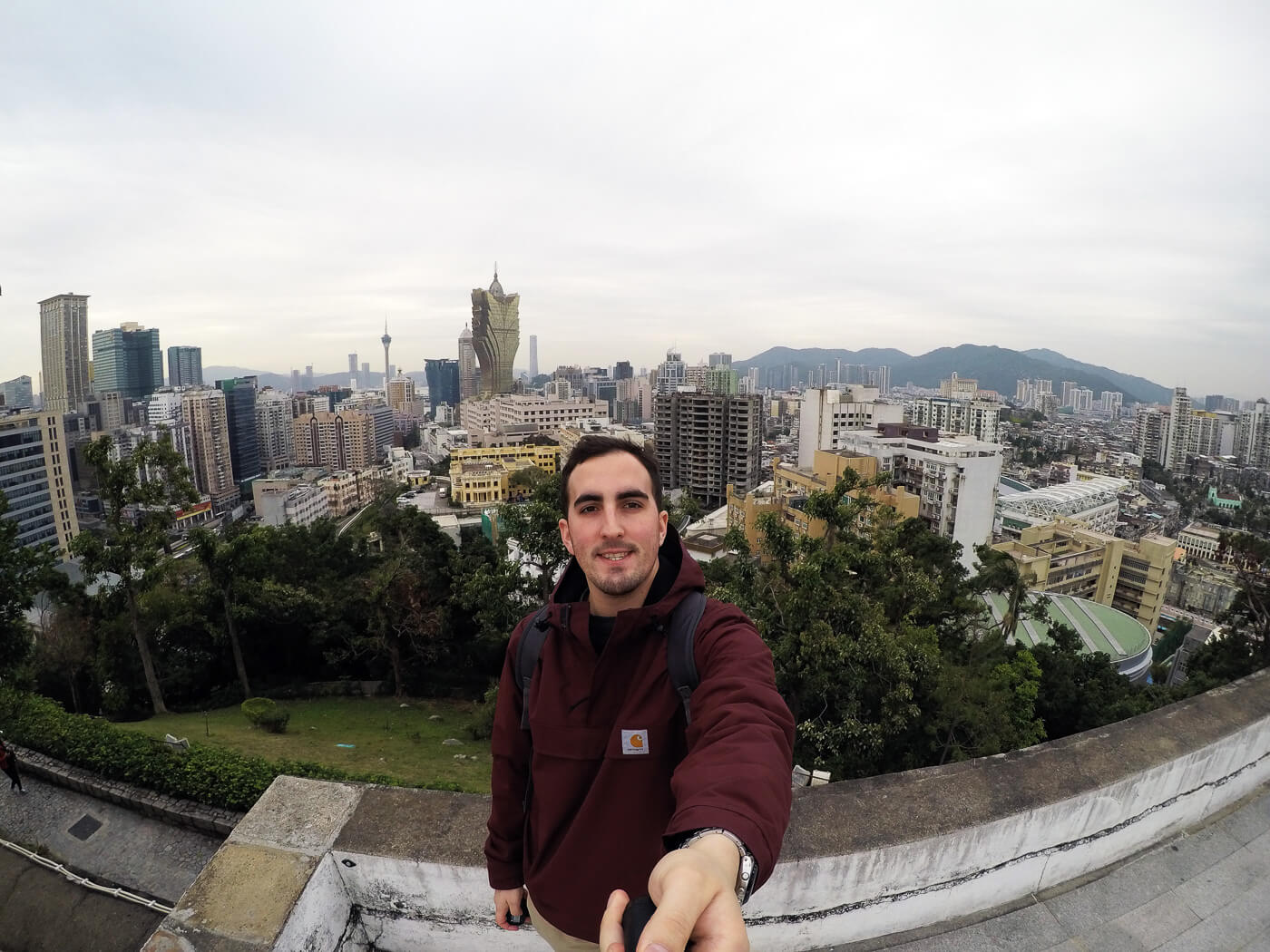 Selfie in Macau, China with the Grand Lisboa Casino in the background