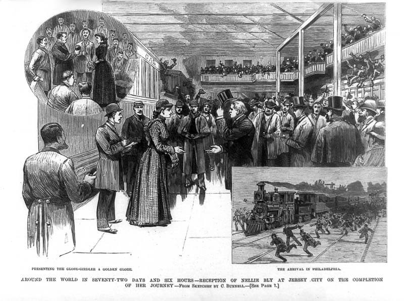 A woodcut image of Nellie Bly's homecoming reception in Jersey City