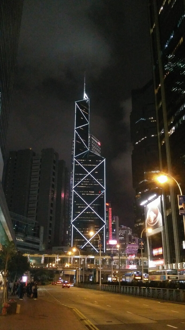 Bank of China Tower at night in Hong Kong, I M Pei Architect