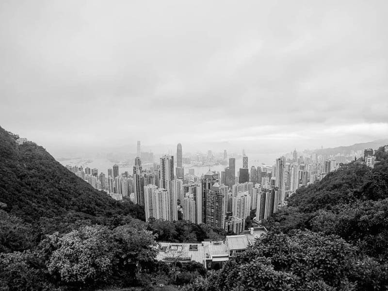 Black and White City Panorama from the Peak in Hong Kong, China