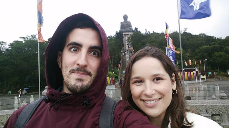 Friends Selfie with rain at the Big Buddha in Hong Kong, China