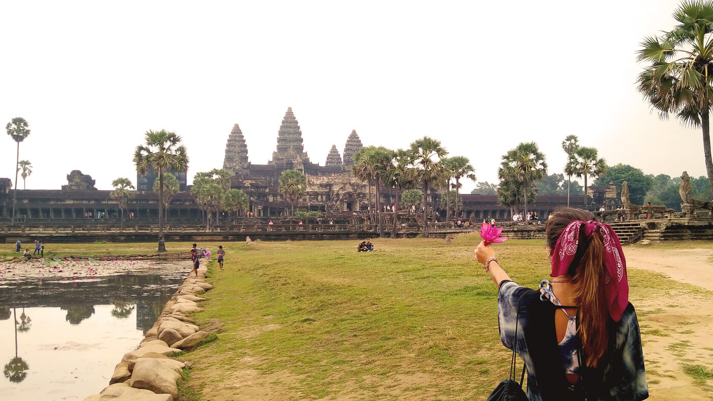 Girl with Flower at Angkor Wat Temple Complex in Cambodia