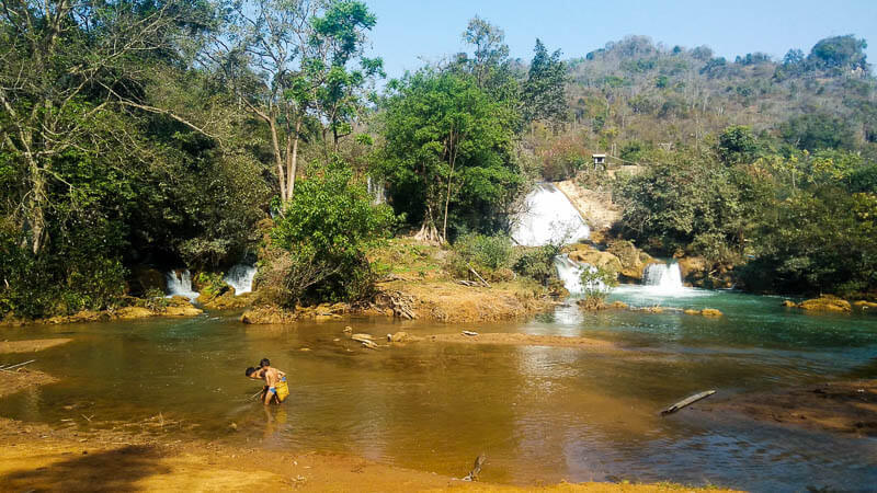 Locals Fishing on Beautiful Waterfalls in Kalaw Hike, Myanmar