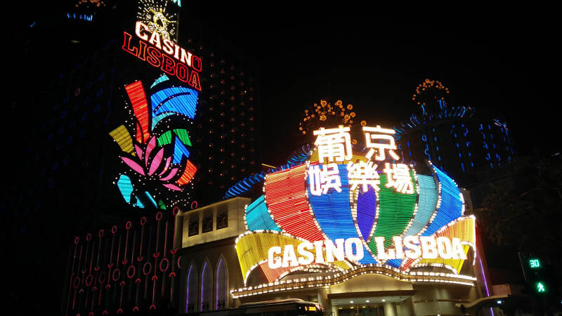 Neon Lights of Casino Lisboa at Night in Macau, China