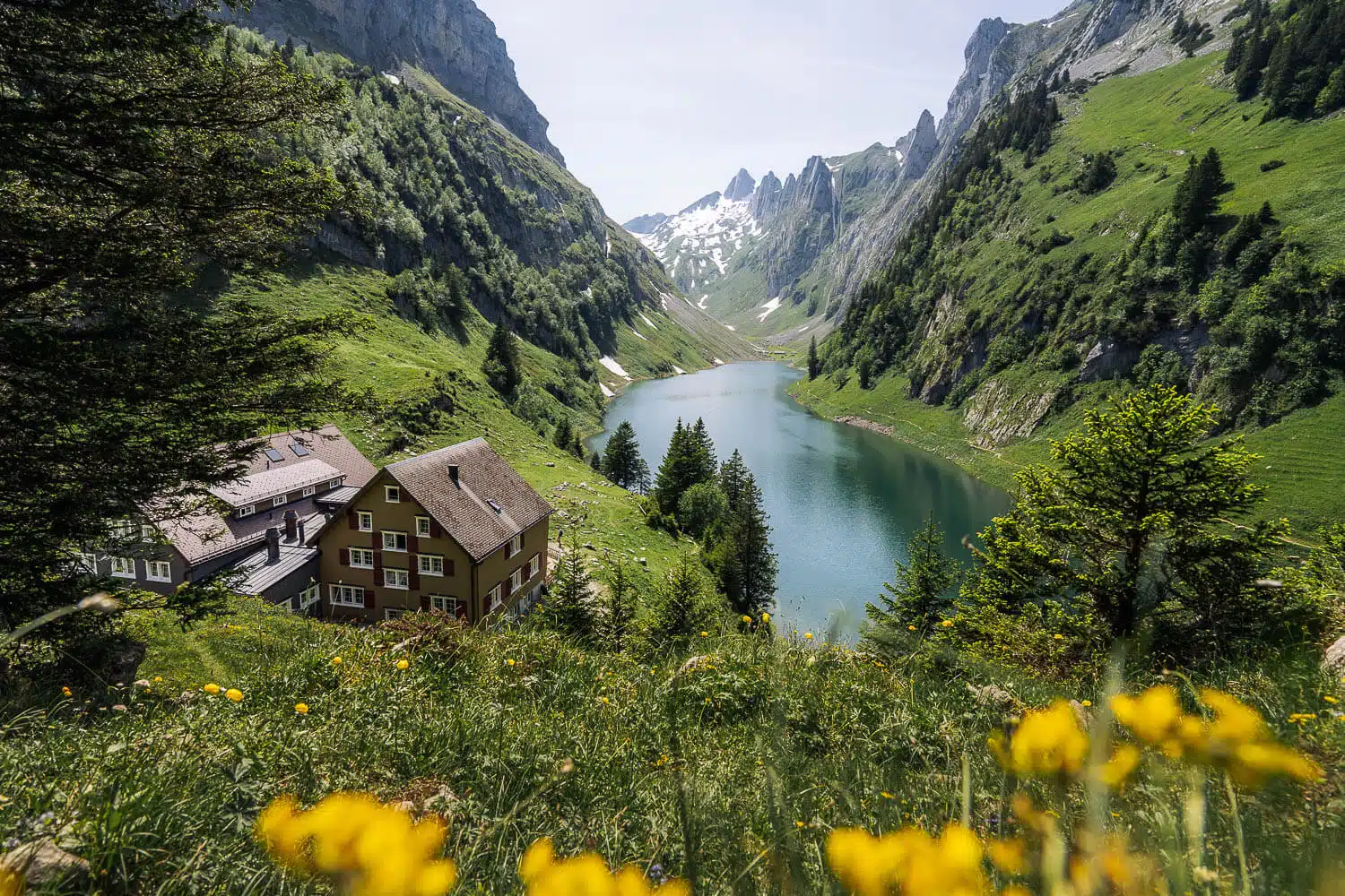 Fälensee Lake in Summer with Bollenwees Guesthouse