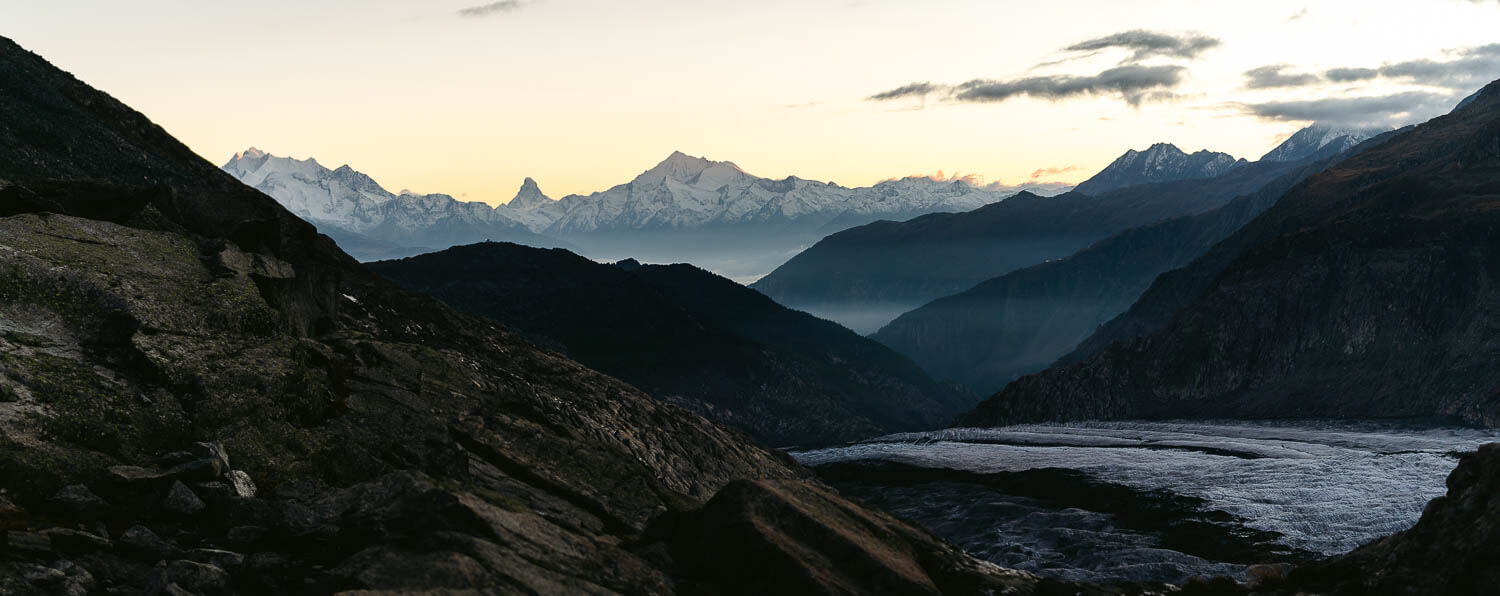 Panorama of Matterhorn and the Aletsch Glacier at sunset
