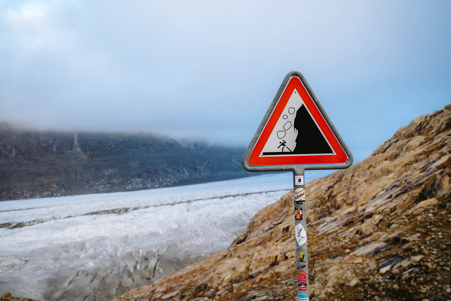 Warning sign at the Aletsch Glacier