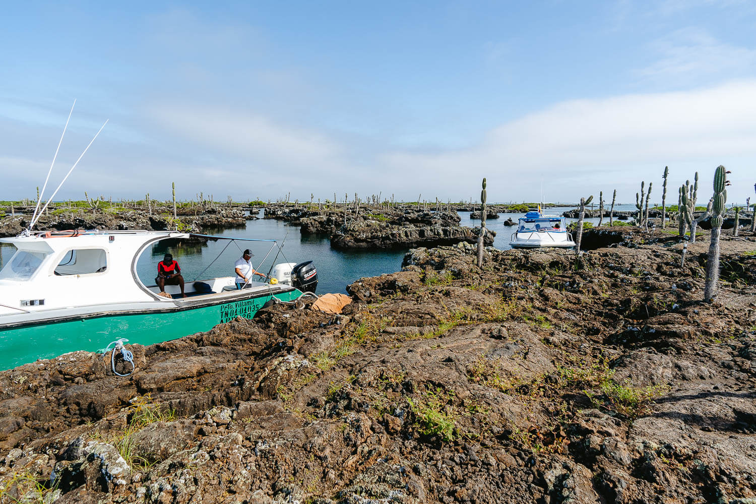 The boats parked next to the lava formations