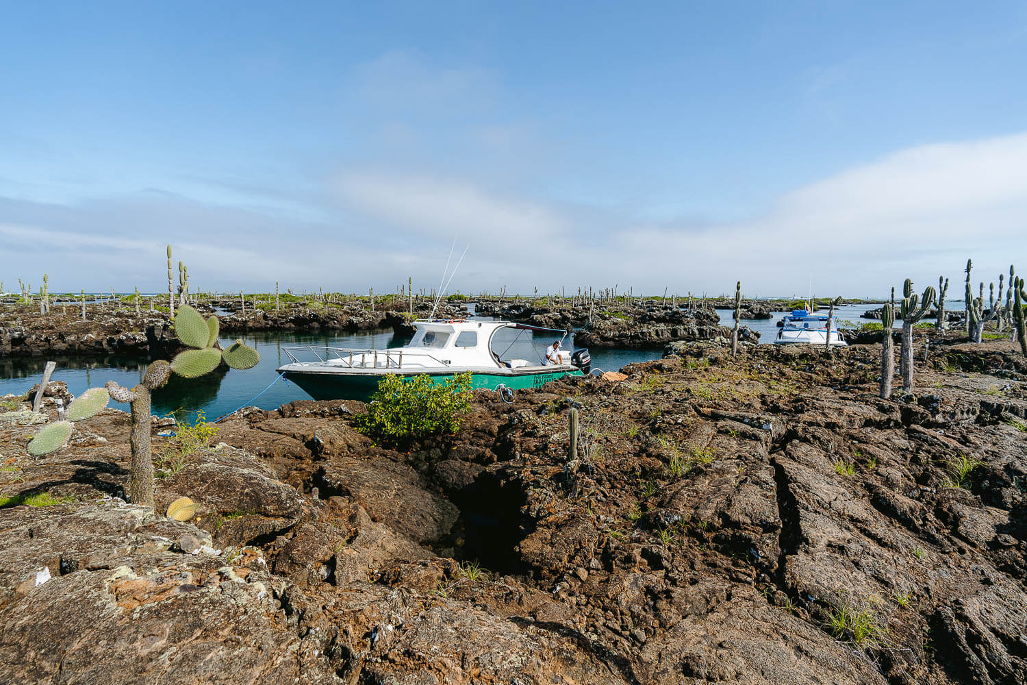 The boats parked next to the lava formations