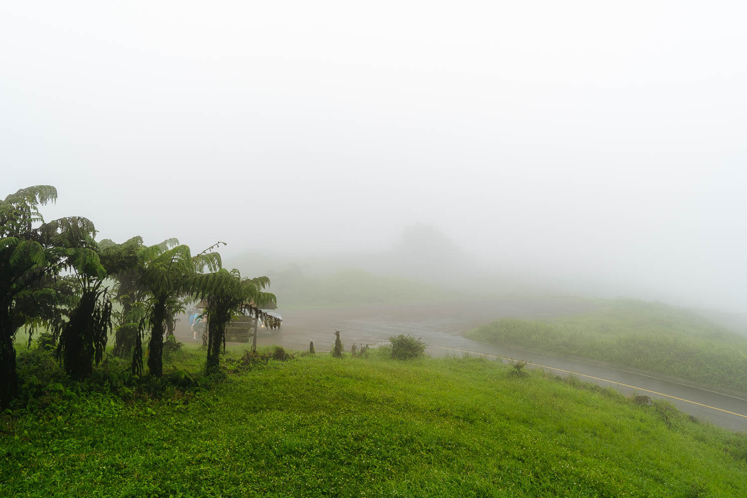 Foggy weather at the parking lot where the Sierra Negra volcano hike starts