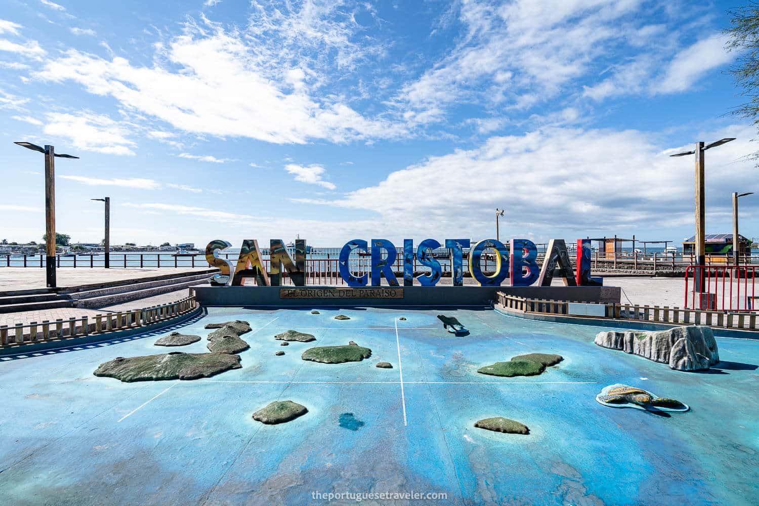 The San Cristobal Island's sign at Puerto Baquerizo's Malecón