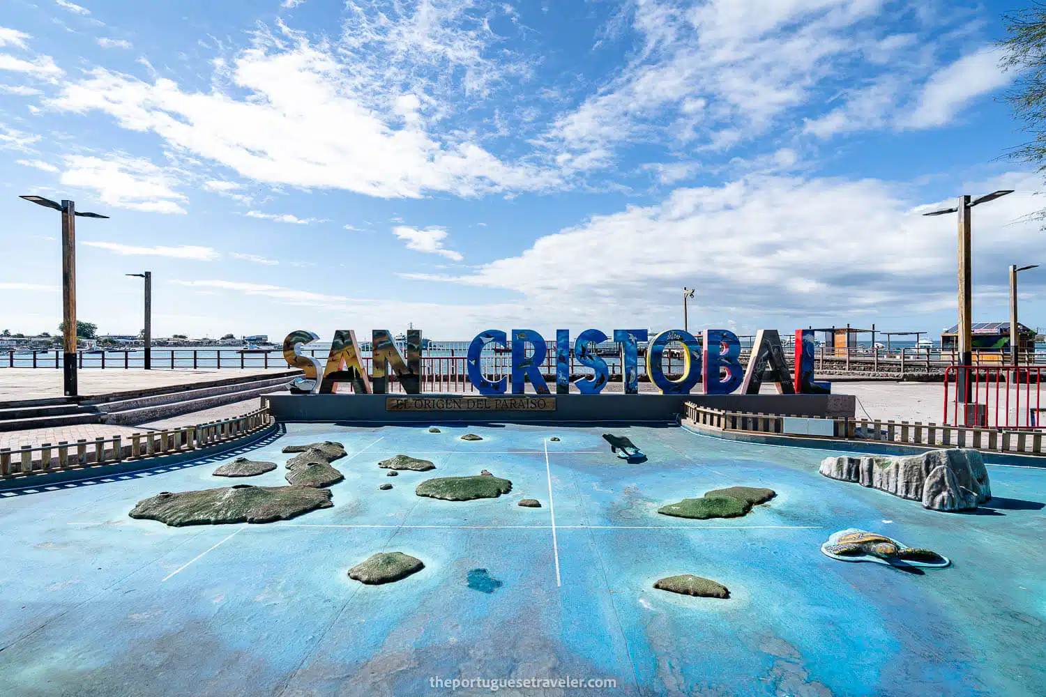 The San Cristobal Island's sign at Puerto Baquerizo's Malecón