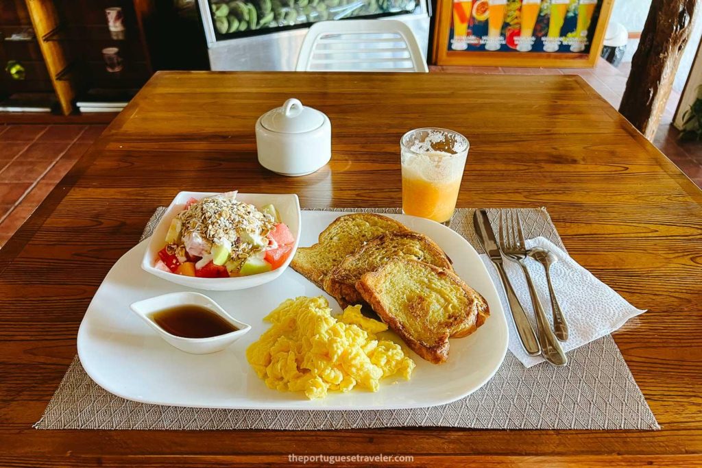 A typical breakfast at the hotel, eating in Galapagos Islands on a budget