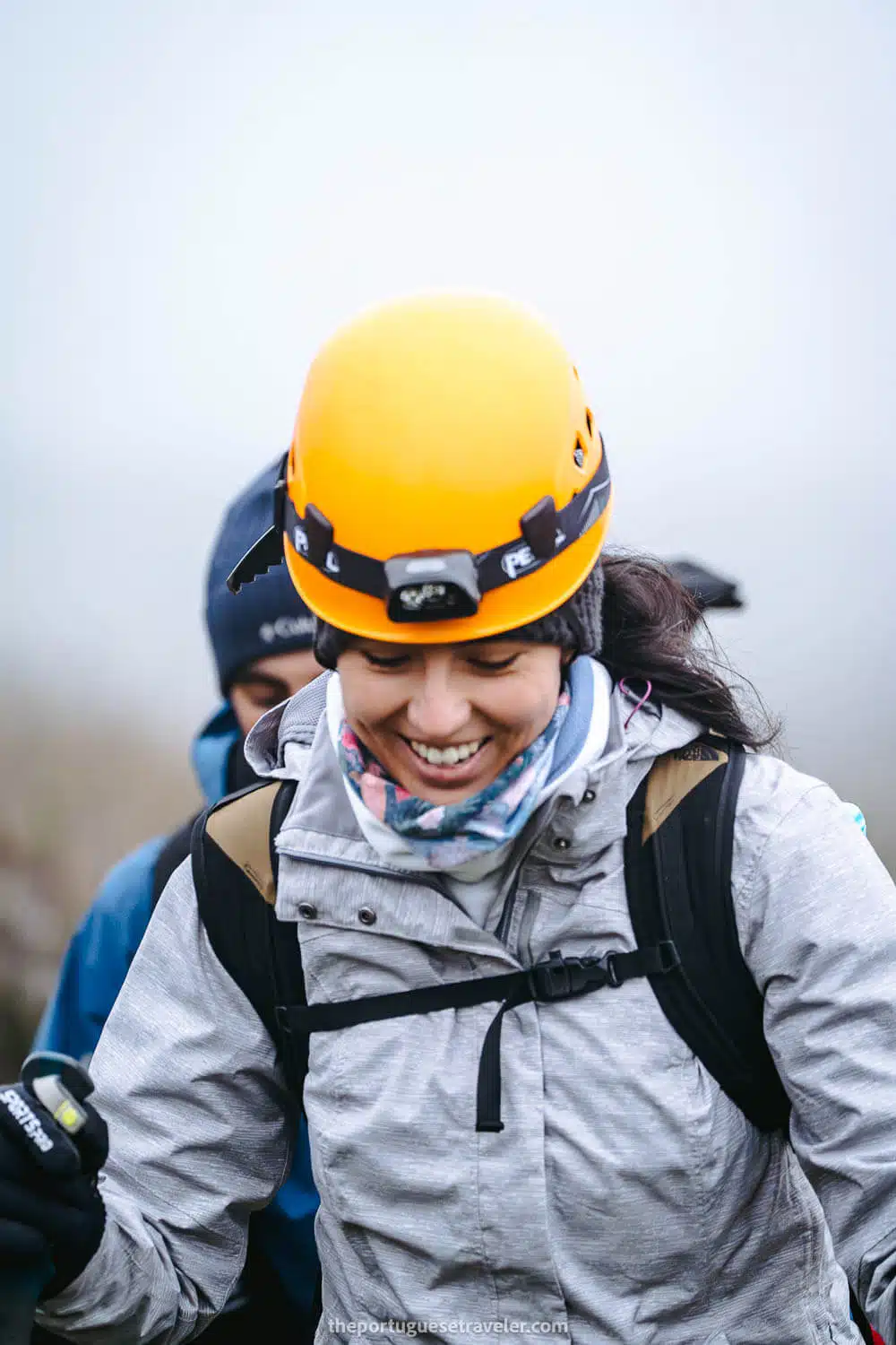 Jhos with the helmet on starting the hard part of the climb