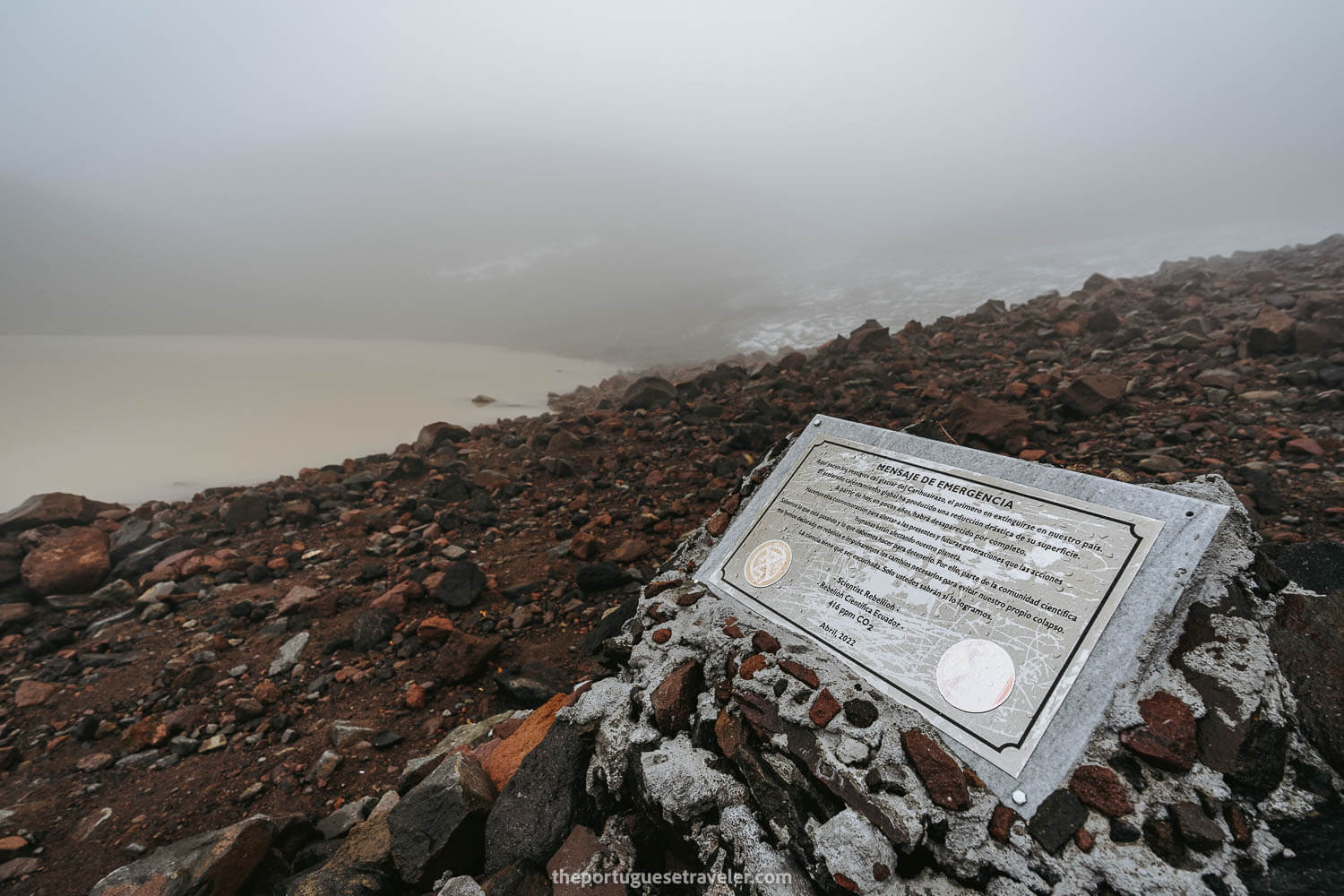 The glacier melting warning sign at the famous Laguna Congelada - Frozen Lagoon
