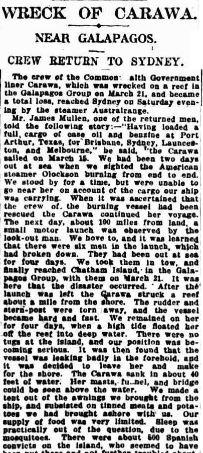 S.S. Carawa Wreck - Return to Sidney (scanned newspaper of the time) - Source: National Library of Australia