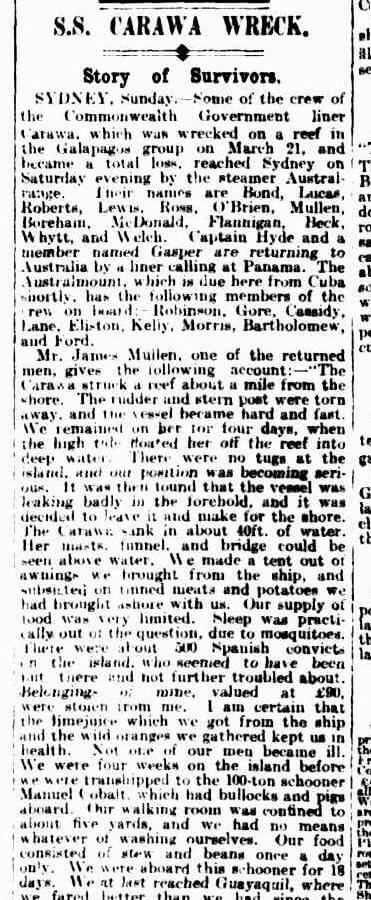 S.S. Carawa Wreck - Story of Survivors (scanned newspaper of the time) - Source: National Library of Australia