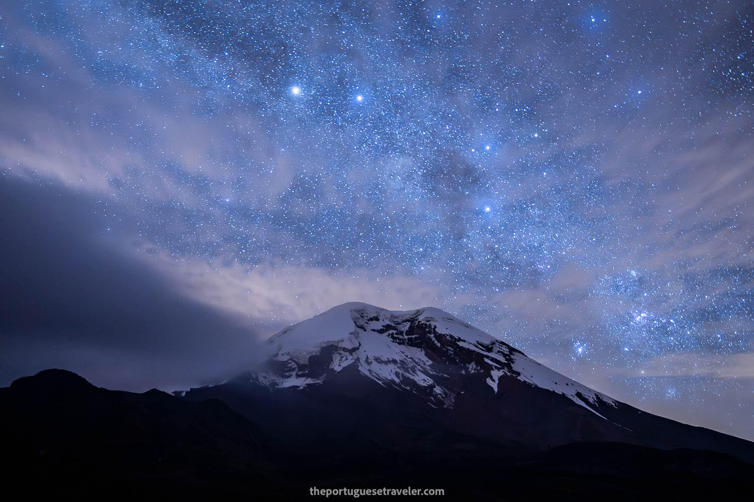 Chimborazo and the Milky Way seen from the refuge of Carihuairazo Volcano
