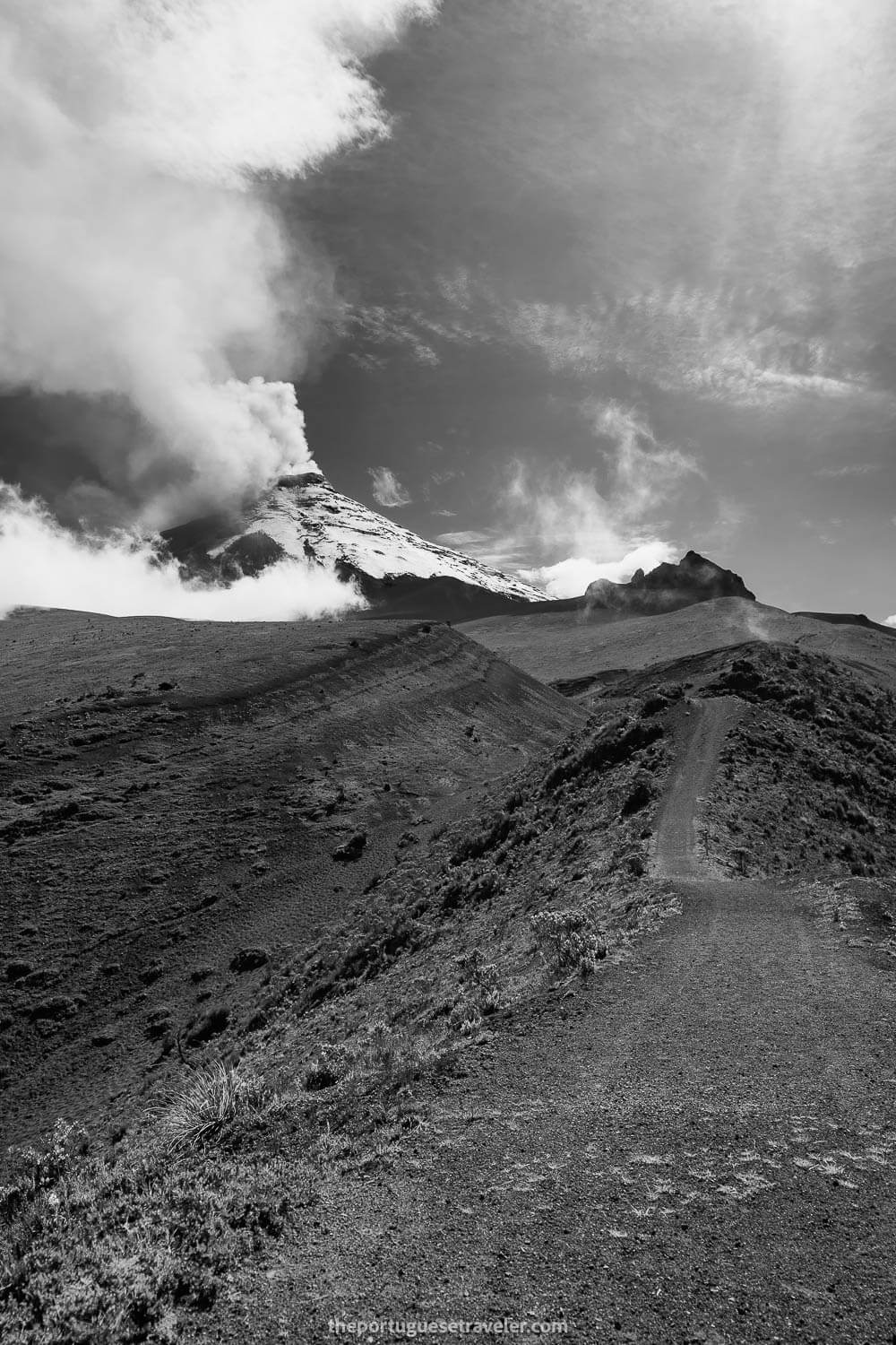 A BW shot of Cotopaxi on the Morurco 360 hike