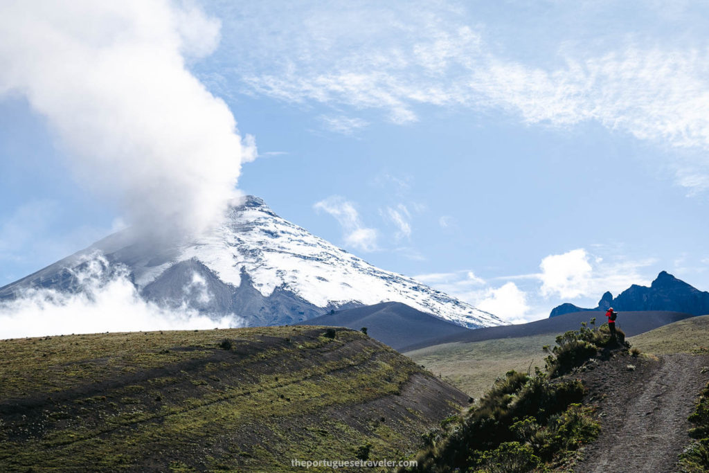 The first view of Cotopaxi Volcano on the Moururco 360 Hike