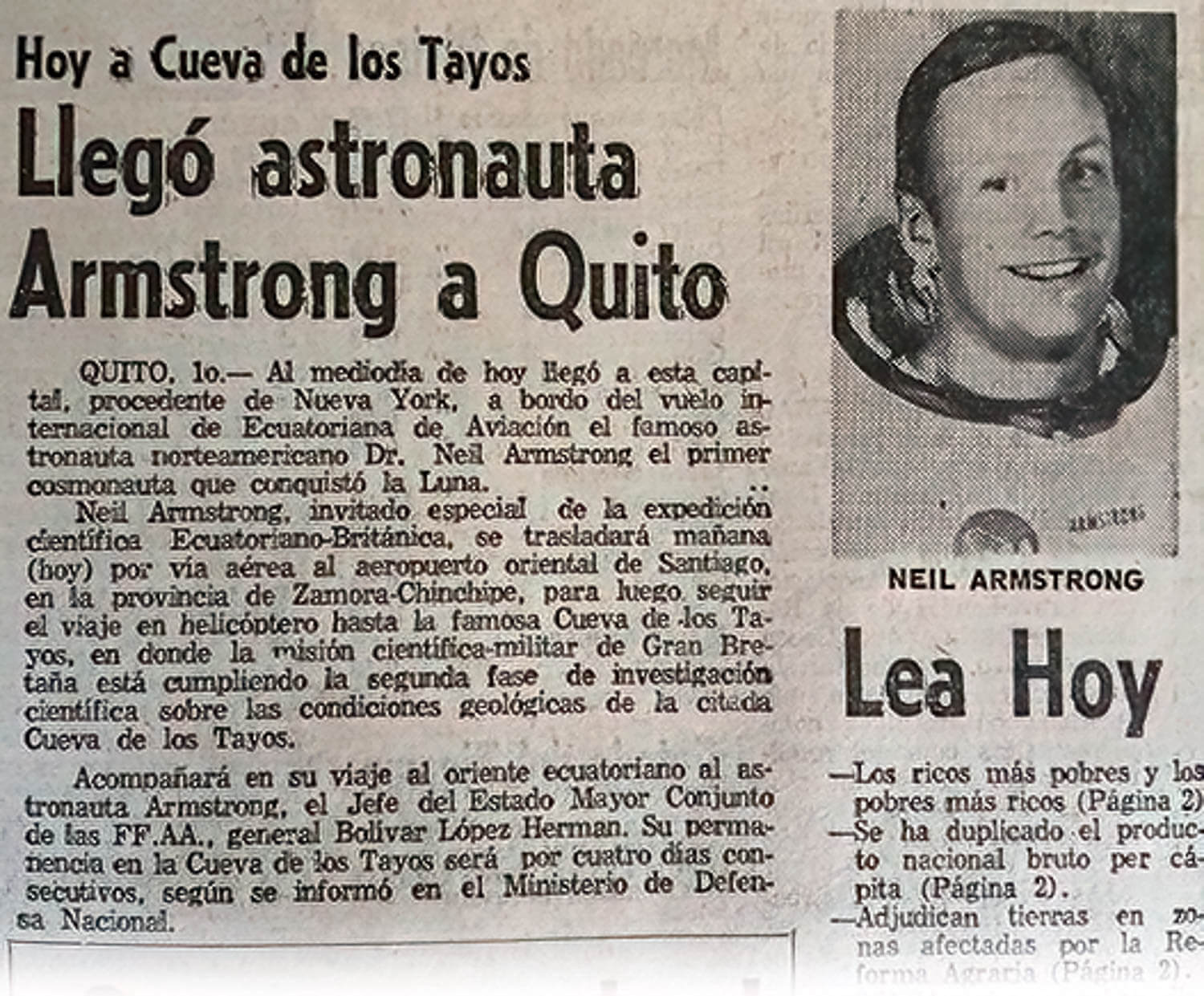 Newspaper about the arrival of Neil Armstrong to Quito
