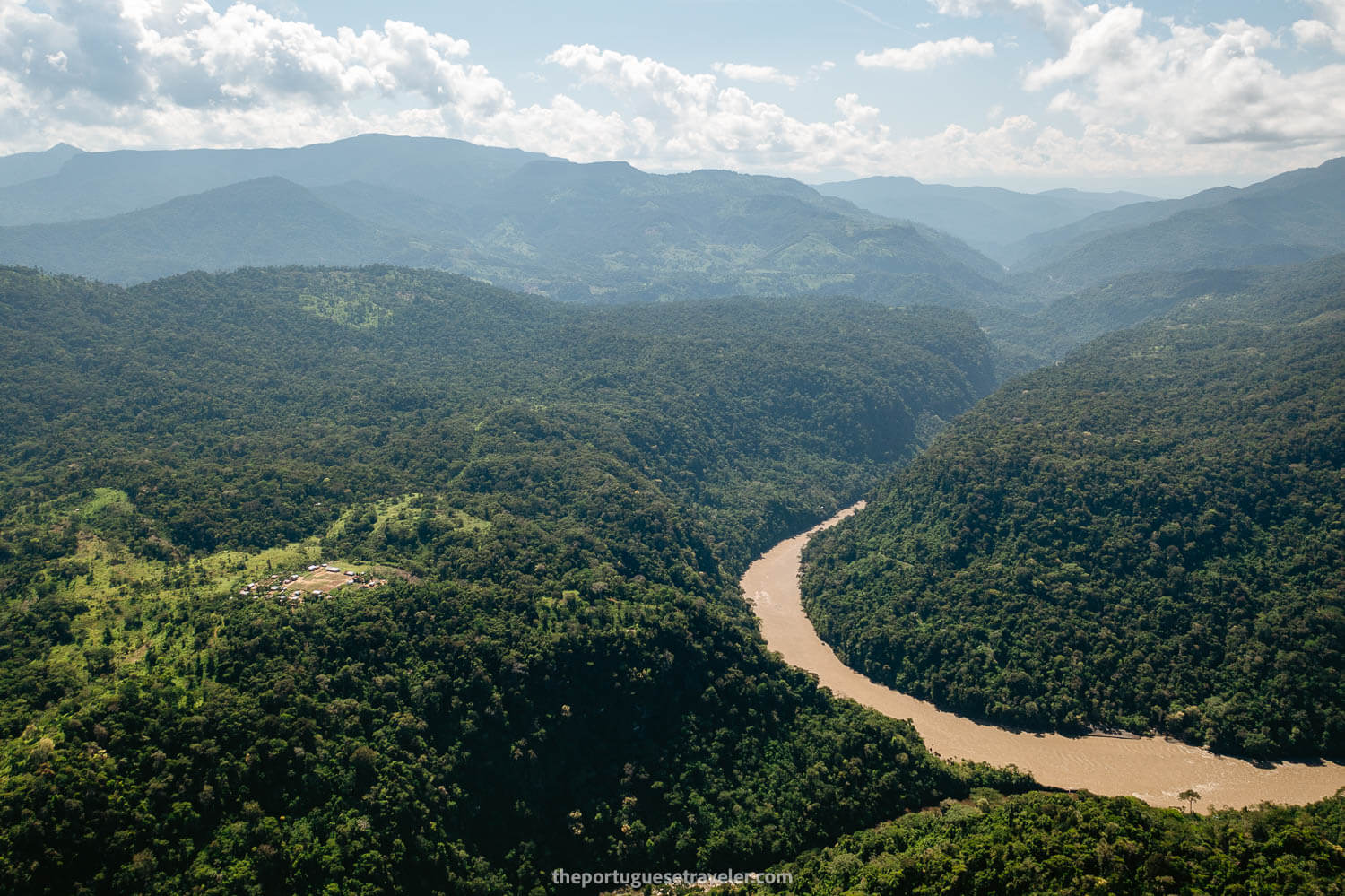 A drone view of the biggest Shuar community and the Santiago River