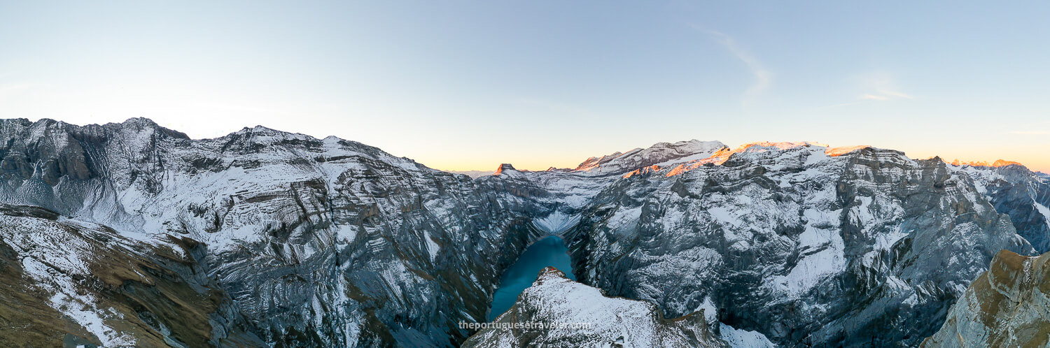 A drone panorama of Limmernsee at Sunrise