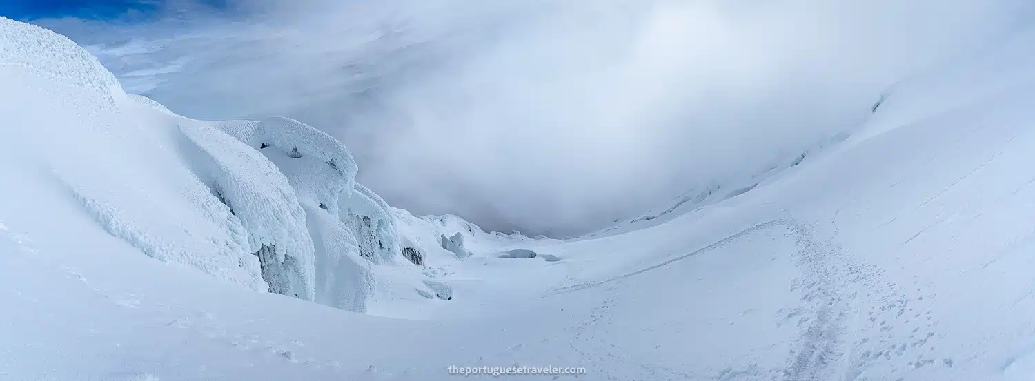 A panorama of the snow and crevasses of Cotopaxi