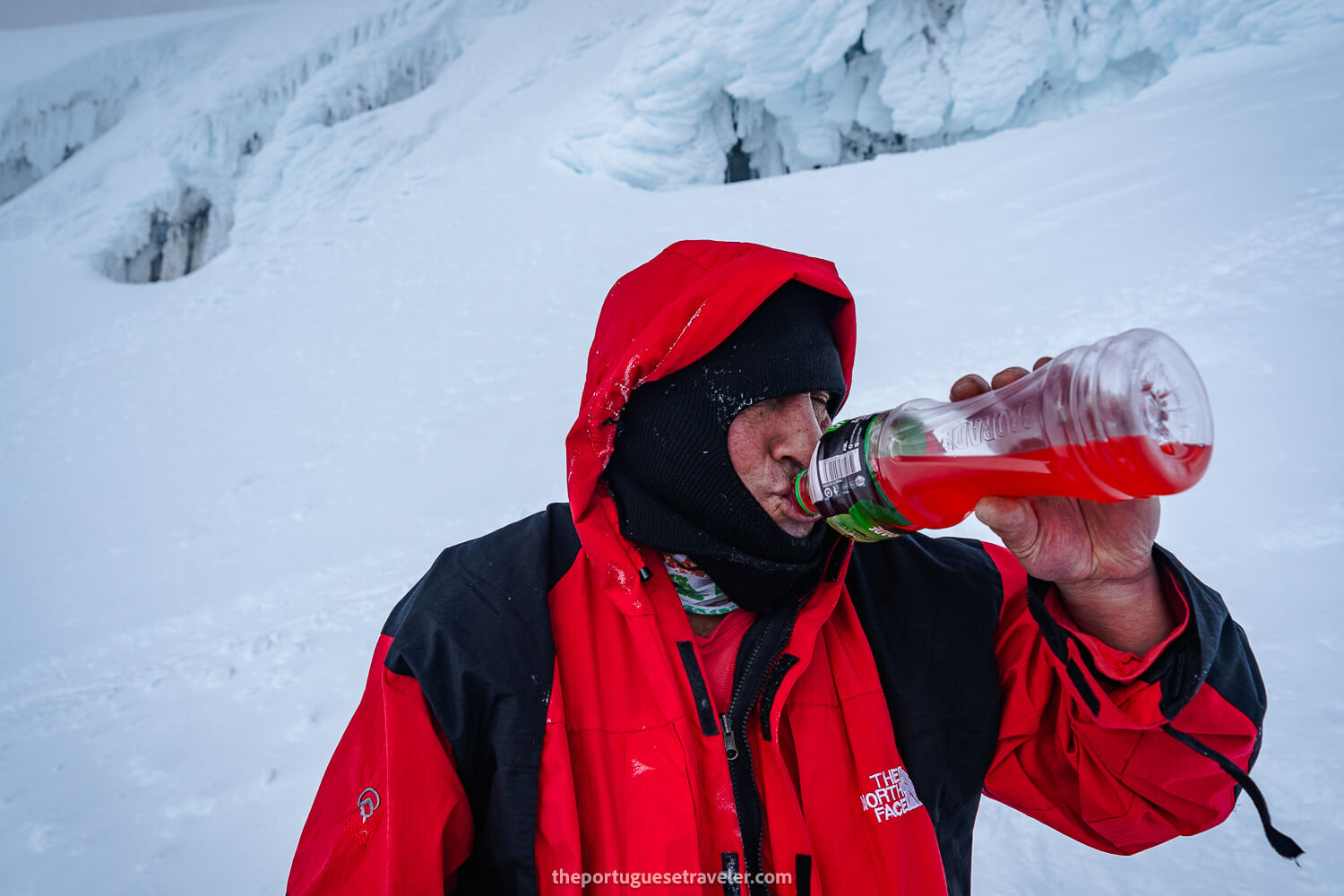 Panchito drinking his energy drink to finish the run