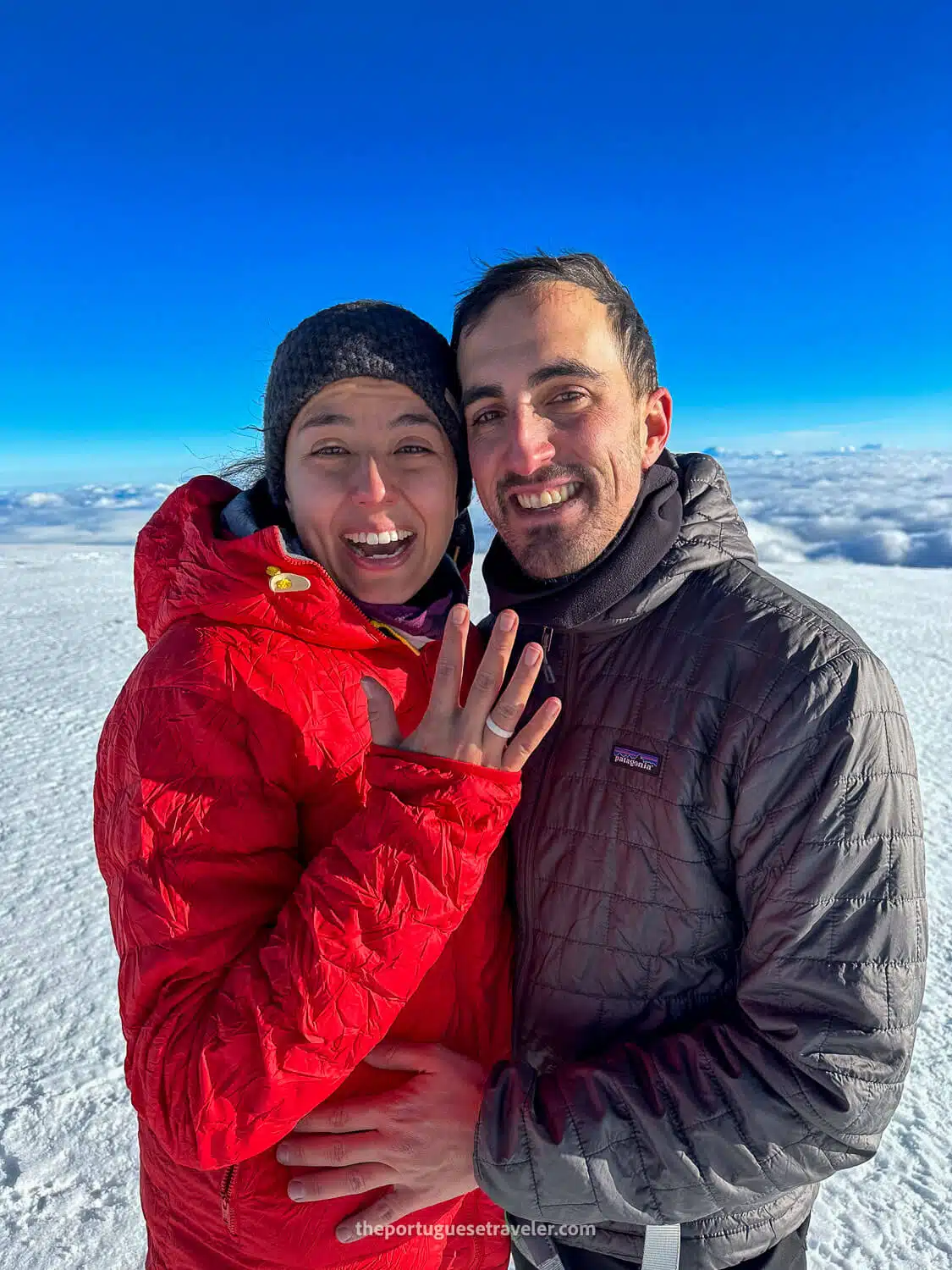 The newly engaged couple on the top of the world