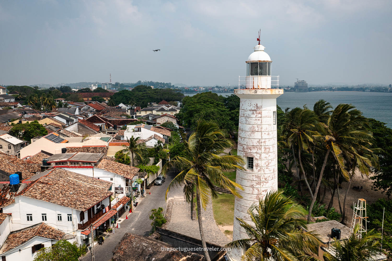 The Lighthouse of Galle Fort seen from the sky, in Galle, Sri Lanka