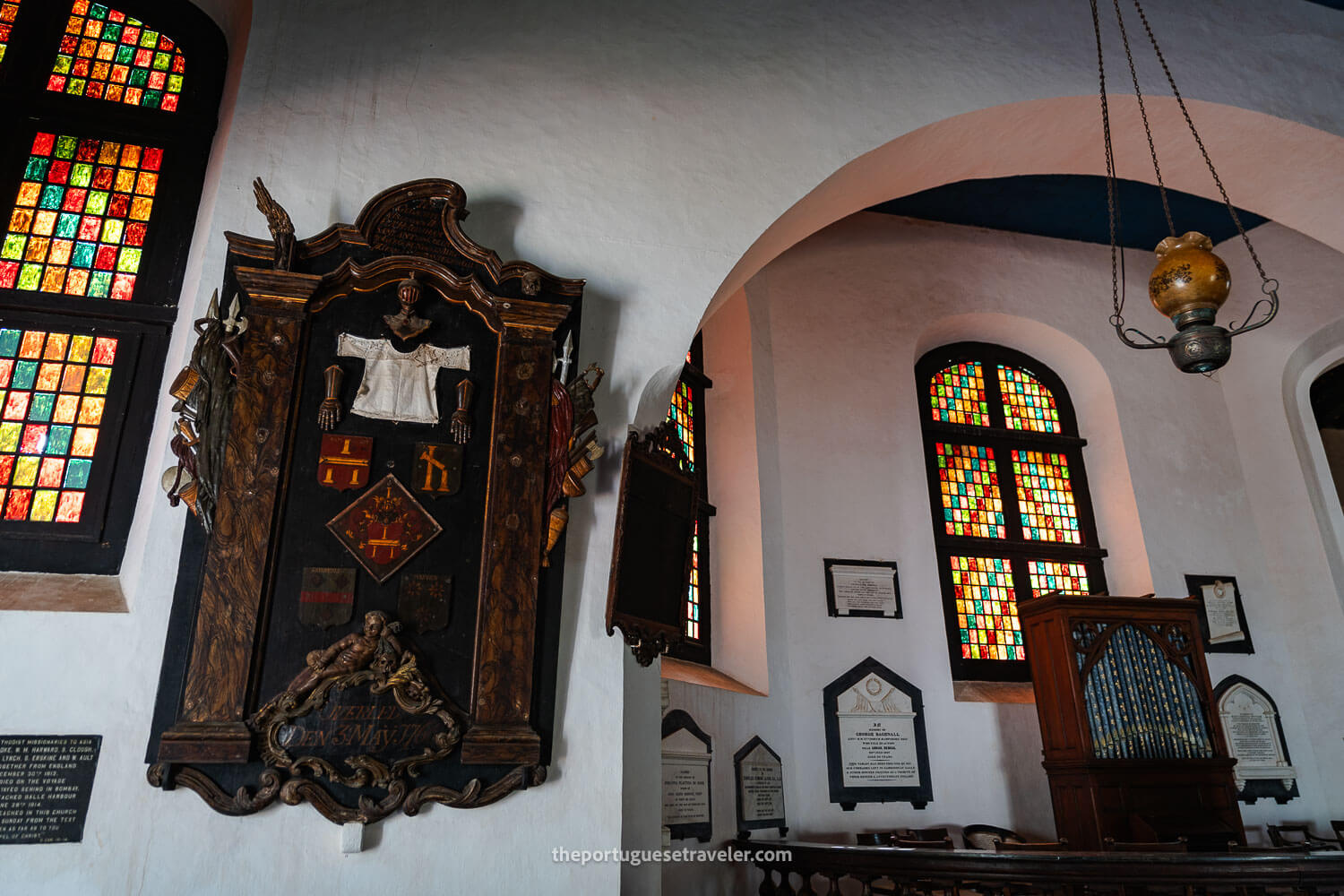 Details of the stained glass windows and decorations inside the church