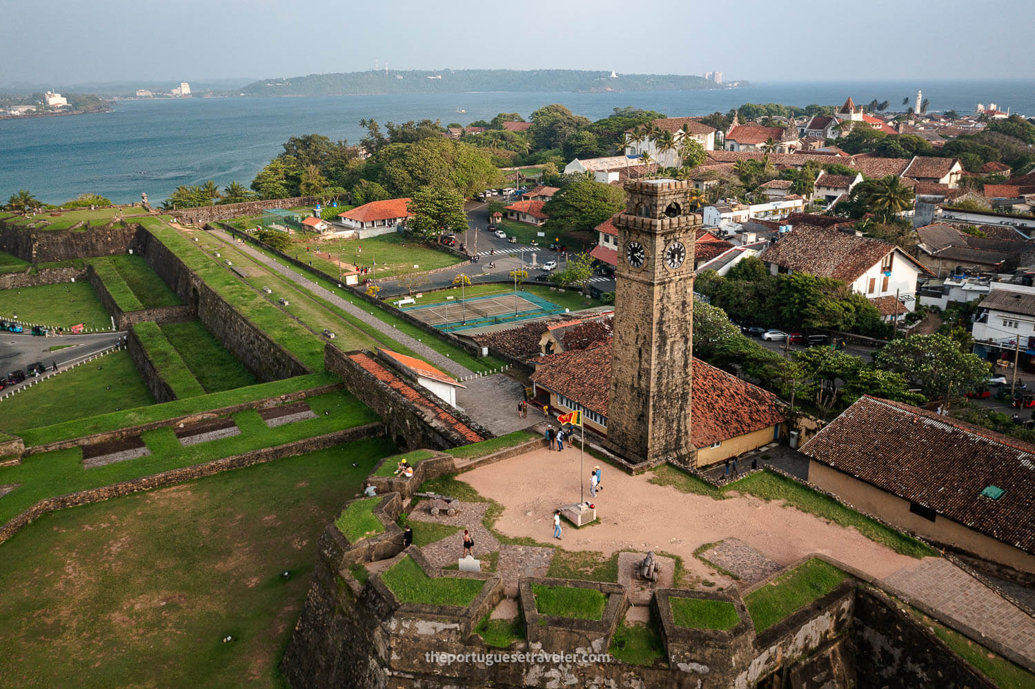 A drone view of the Clock Tower in Galle Fort at Sunset, in Galle, Sri Lanka