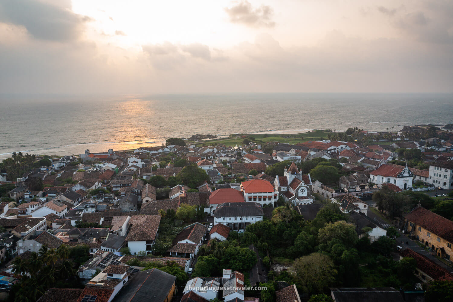 A Drone sunset photo of Galle Fort with the The All Saint's Church on the right