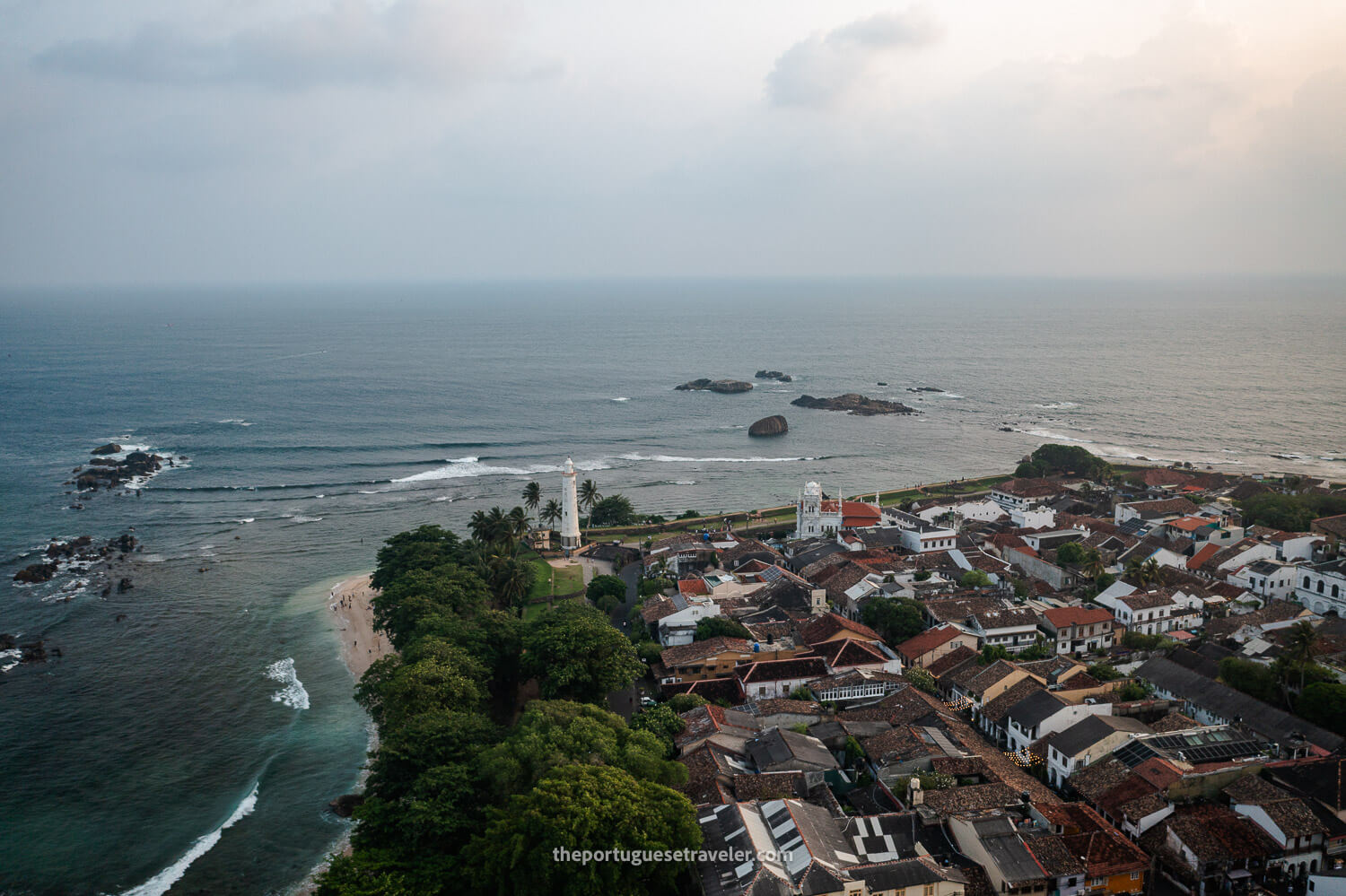 Galle Fort Lighthouse at Sunset from the Sky - Drone View, in Galle, Sri Lanka