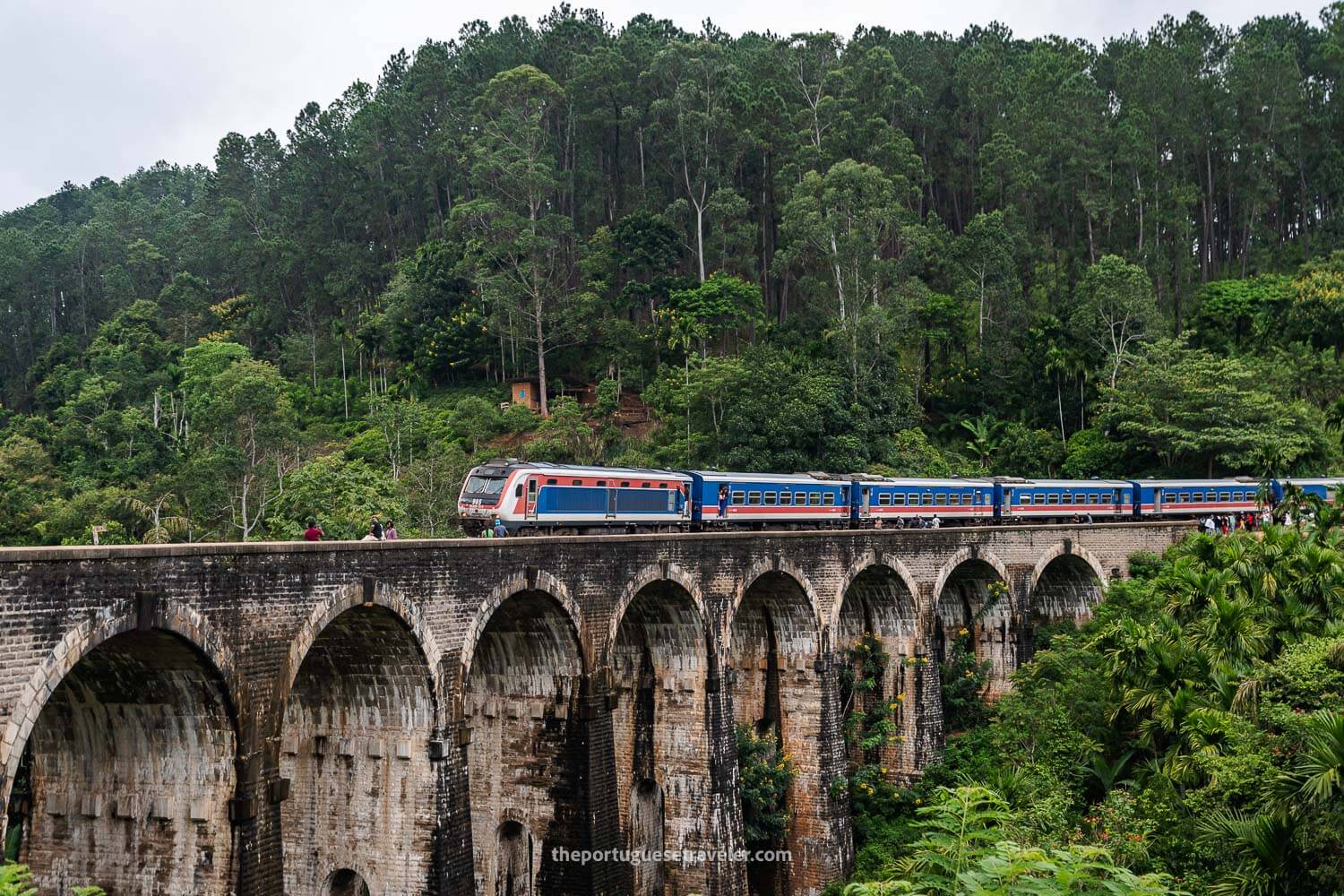 The train arriving to the Nine Arches Bridge in Ella, Sri Lanka