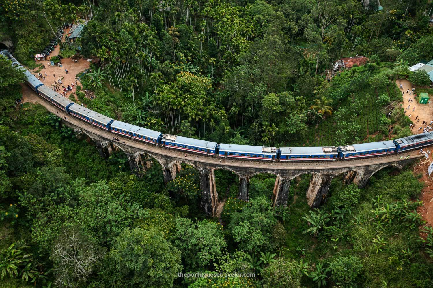 The train over the tracks at the Nine Arches Bridge