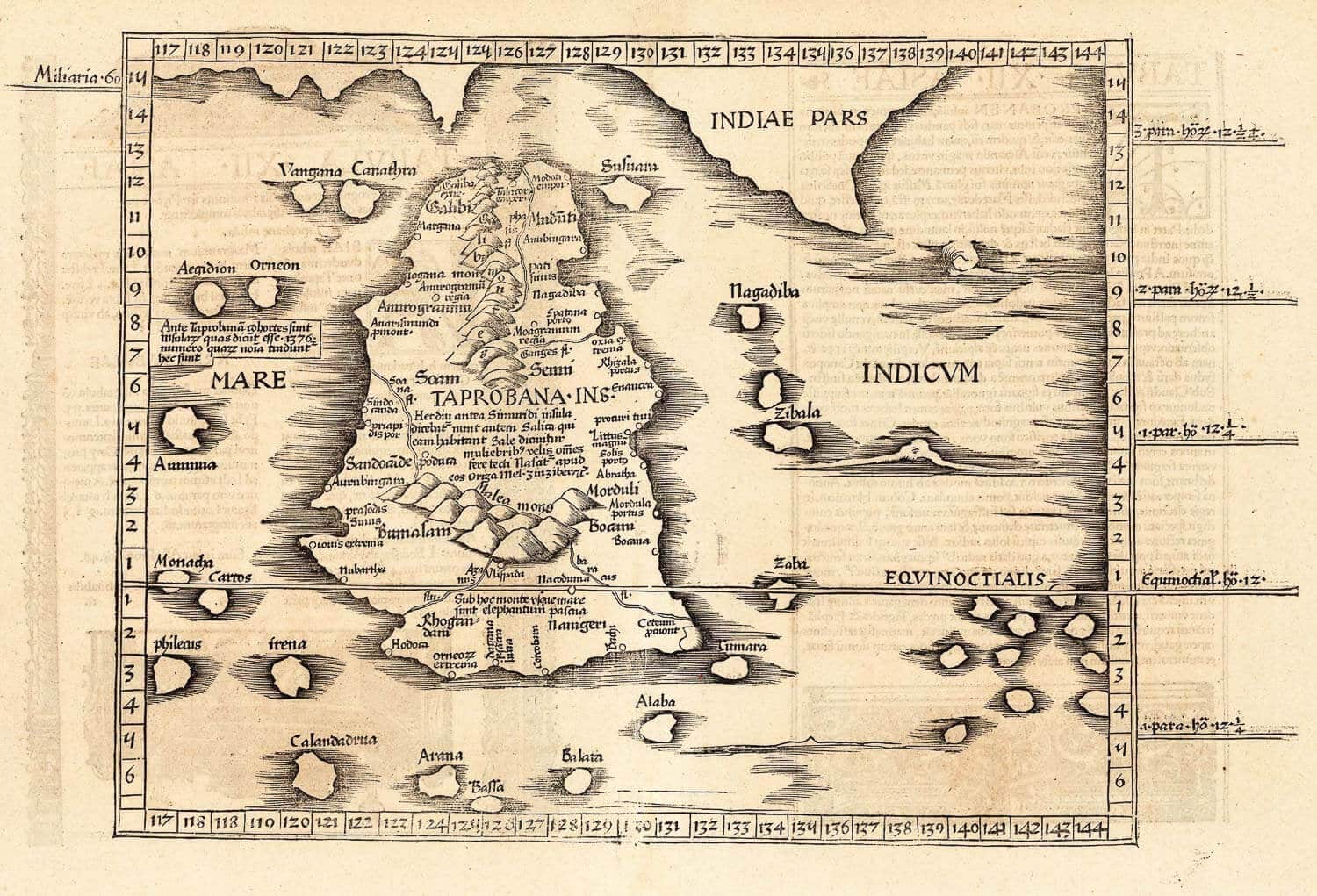 Ptolemy's Taprobana as published in Cosmographia Claudii Ptolomaei Alexandrini, 1535 - The Portuguese in Sri Lanka
