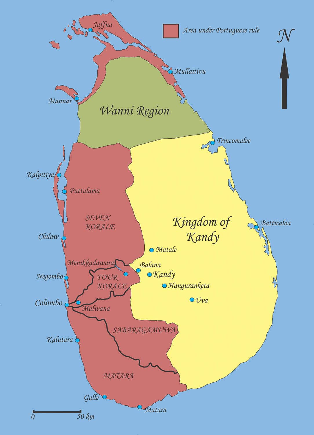 Political map of Ceylon in the early 17th century. Dom Jerónimo de Azevedo invaded Kandy in 1603, but was forced to retreat after a rebellion erupted among his Lascarin auxiliaries